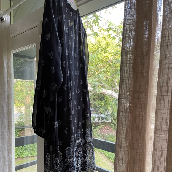 J Jill Black Scarf Patterned Print Dress with Black Slip. Size Medium Petite. - Picture 3 of 10